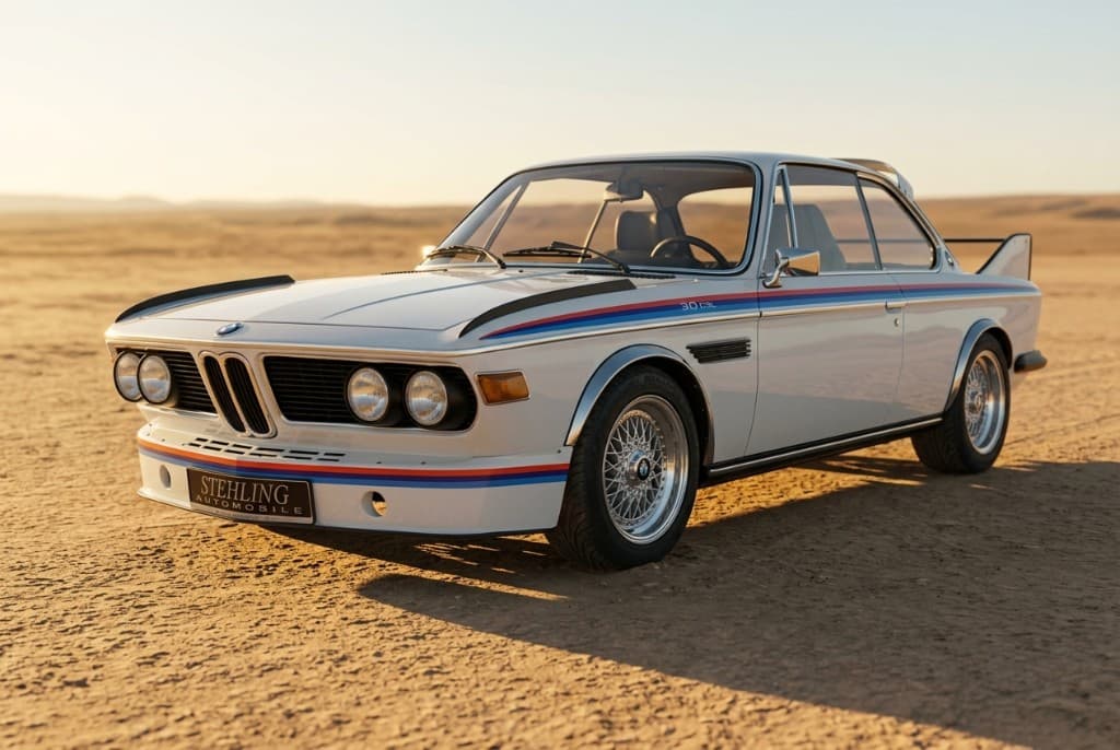 RabbitLens render: BMW 3.0 CSL composited into a golden-hour desert, with matched directional lighting, ground contact shadows, and preserved chrome, paint, and livery detail.
